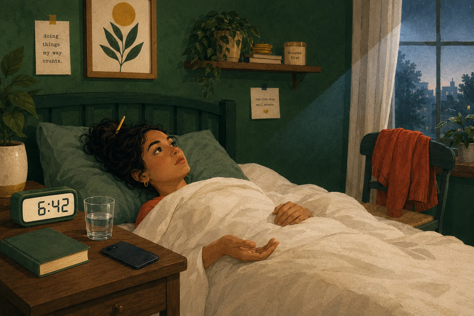 ADHD morning routine for women: late-diagnosed woman in bed at 6:42 AM, alarm visible, unable to move despite full awareness — the hidden neurology.