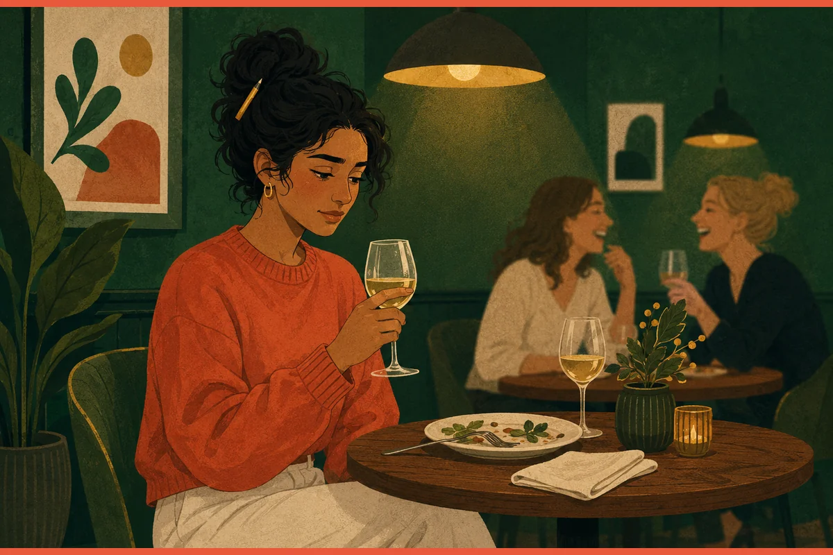 Late-diagnosed woman at a restaurant table with a polite smile that doesn't reach her eyes — the weight of hearing 'everyone has a little ADHD' again.