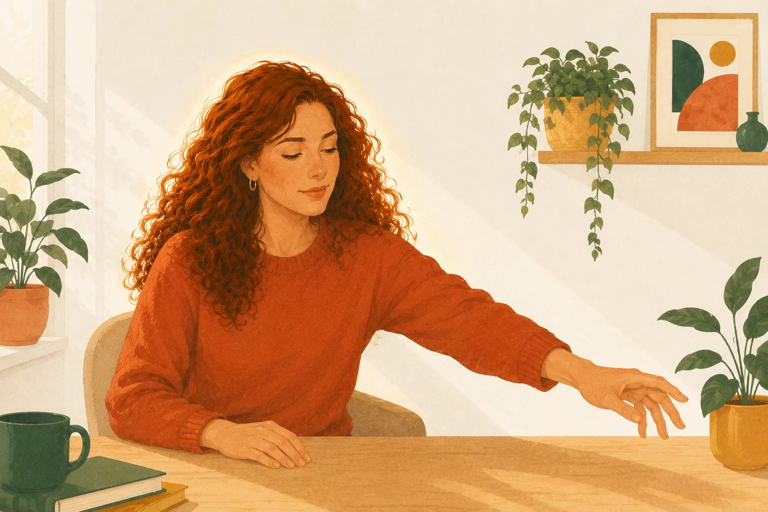A woman gently frozen mid-reach toward a task, wanting to move but unable to start, depicting ADHD paralysis.