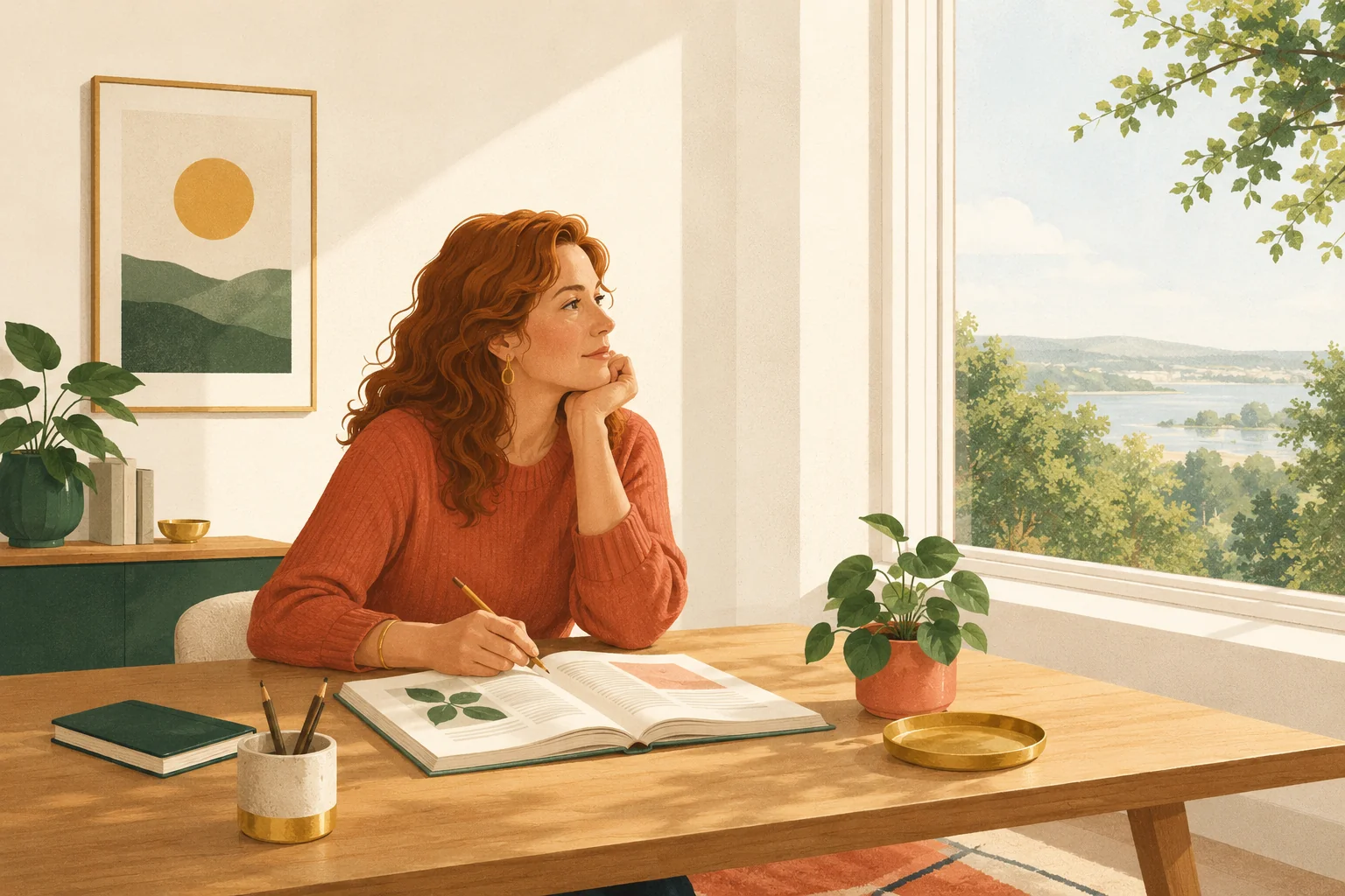 A woman at a sunlit desk gazing out the window, her attention drifting from an open task, depicting inattentive ADHD.