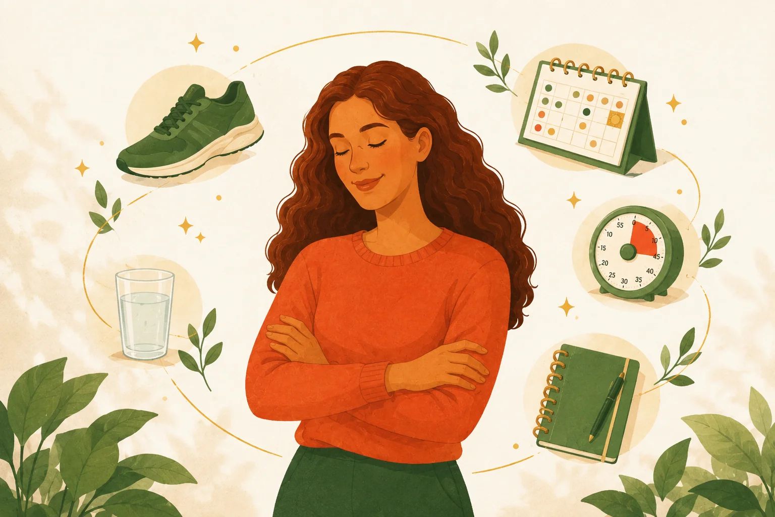 A woman calmly surrounded by non-medication ADHD tools — a walking shoe, calendar, water, timer and notebook — taking charge of her toolkit.