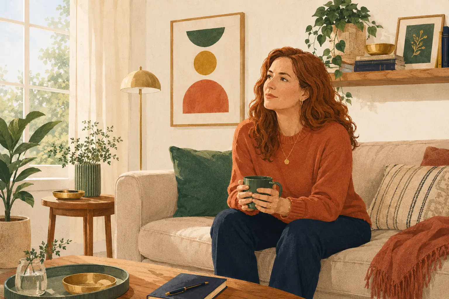 A woman pausing with a mug in a sunlit living room, a dawning realization that she may have undiagnosed ADHD.