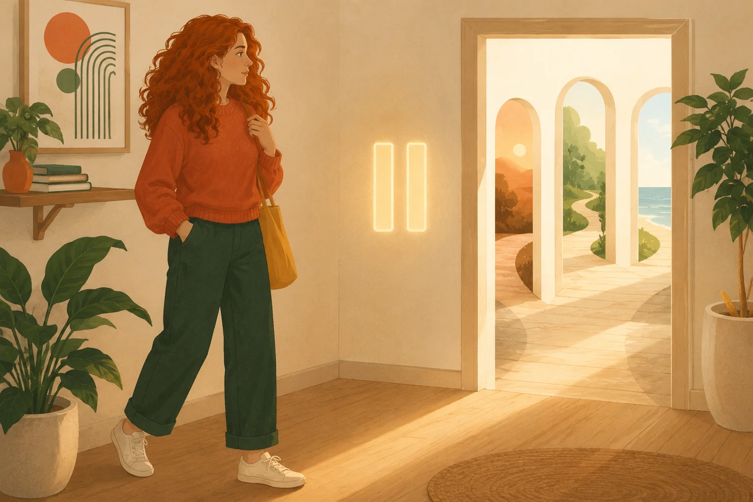 Woman with ADHD pausing mid-step at a crossroads with a glowing pause symbol between her and several paths, showing the missing pause of ADHD impulsivity