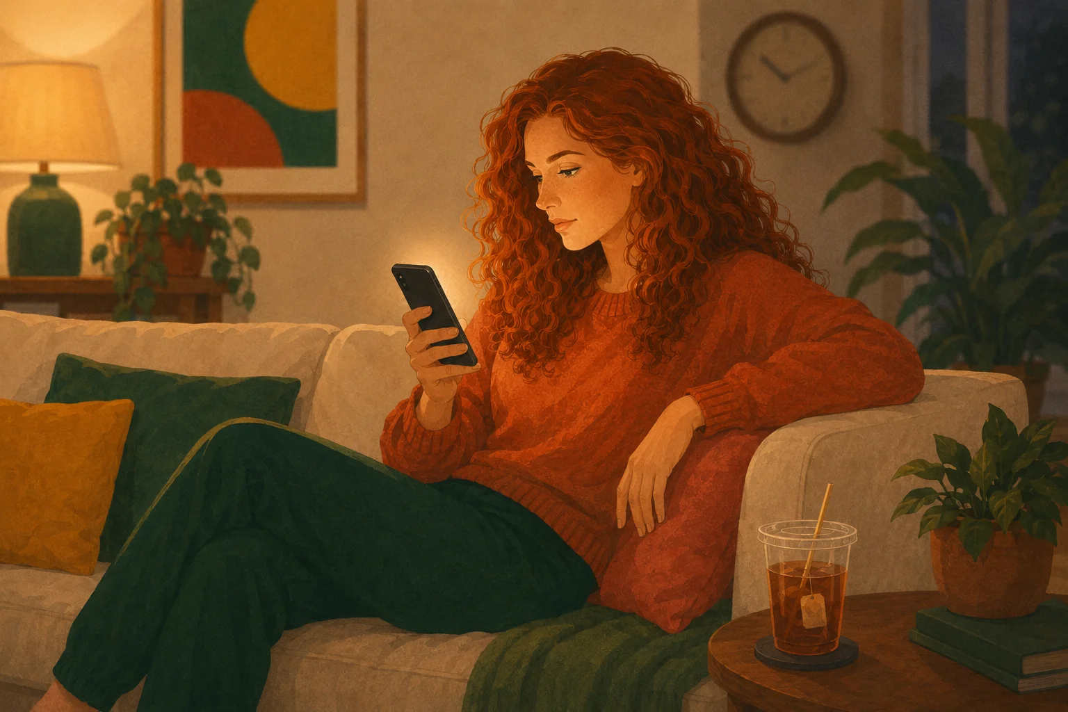 Woman with ADHD on an evening couch realizing how much time the phone quietly took, a cold tea beside her
