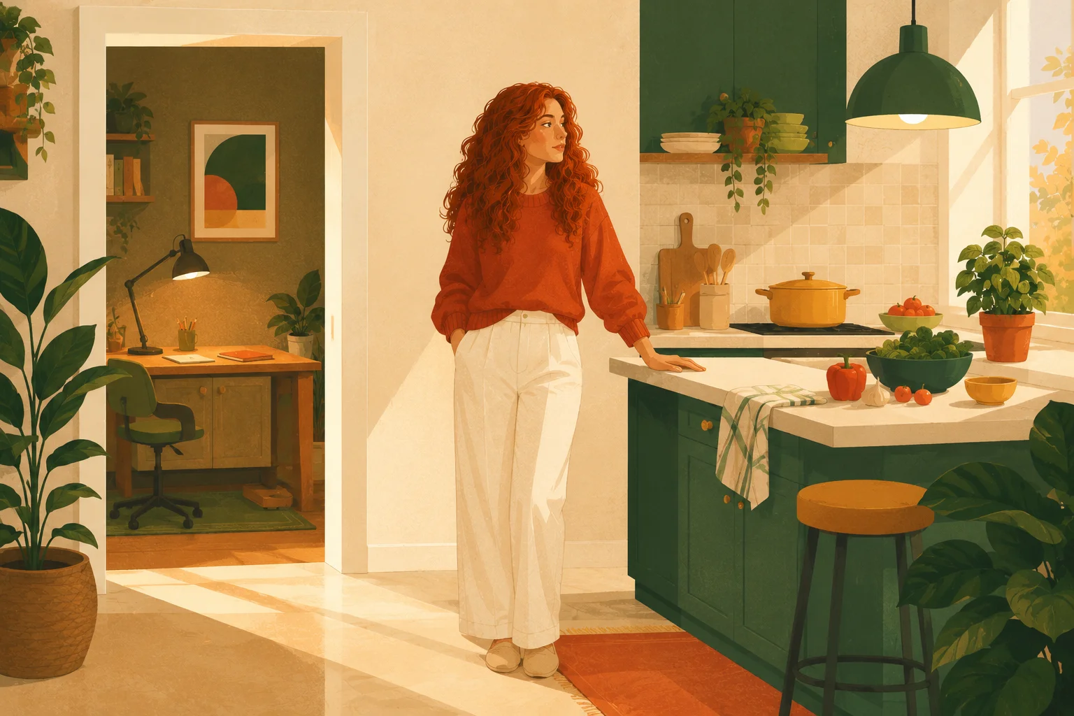 Woman with ADHD standing calmly in the gap between a finished task and the next one in a warm late-afternoon kitchen