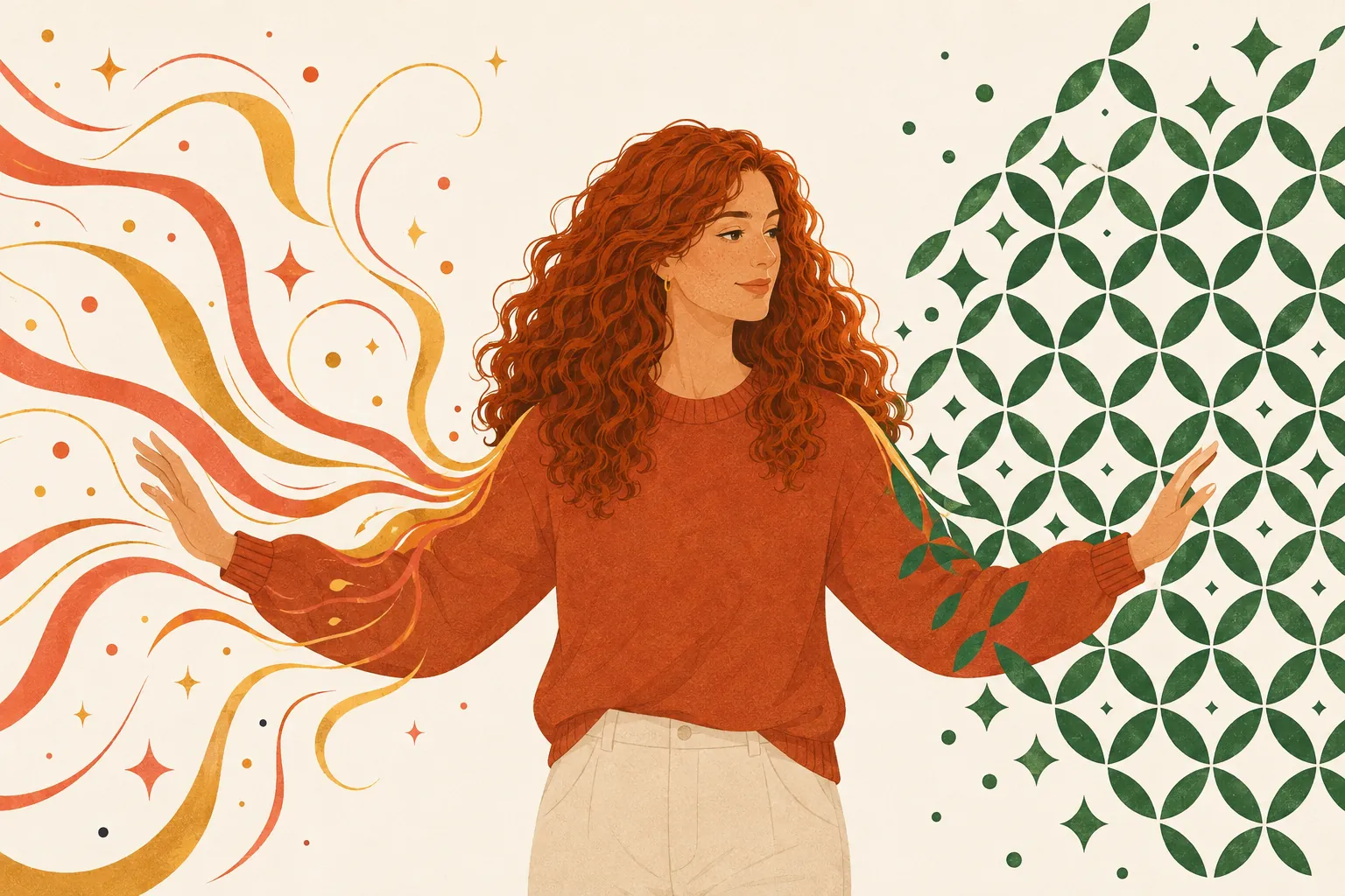 Woman standing calmly between a flowing current of novelty and a calm repeating pattern, the push and pull of ADHD and autism together
