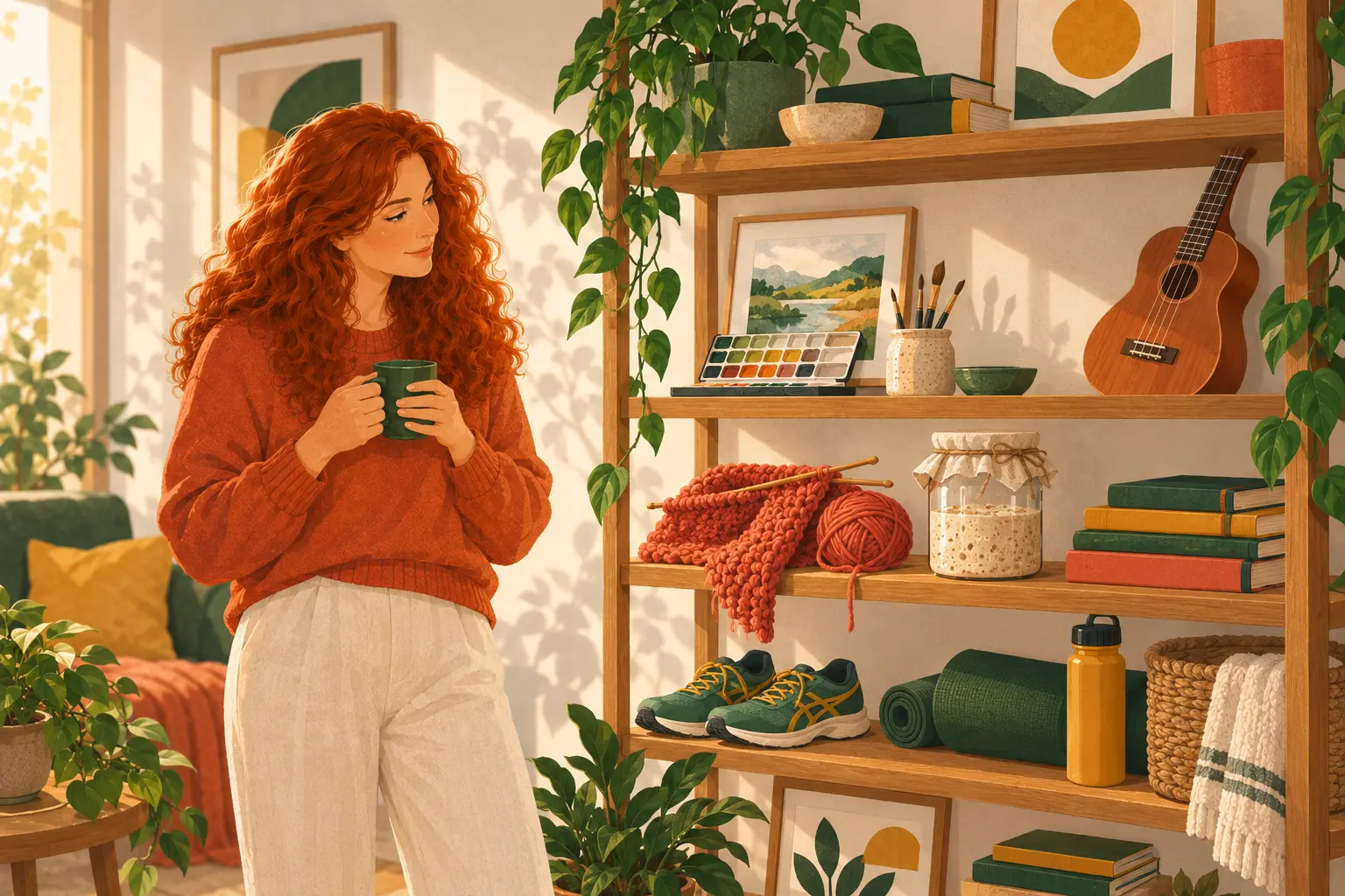 A shelf of half-finished ADHD hobbies displayed like a gallery, with a woman looking at it fondly